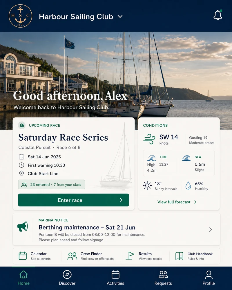 Harbour Sailing Club member app showing race entry, sailing conditions and marina notices