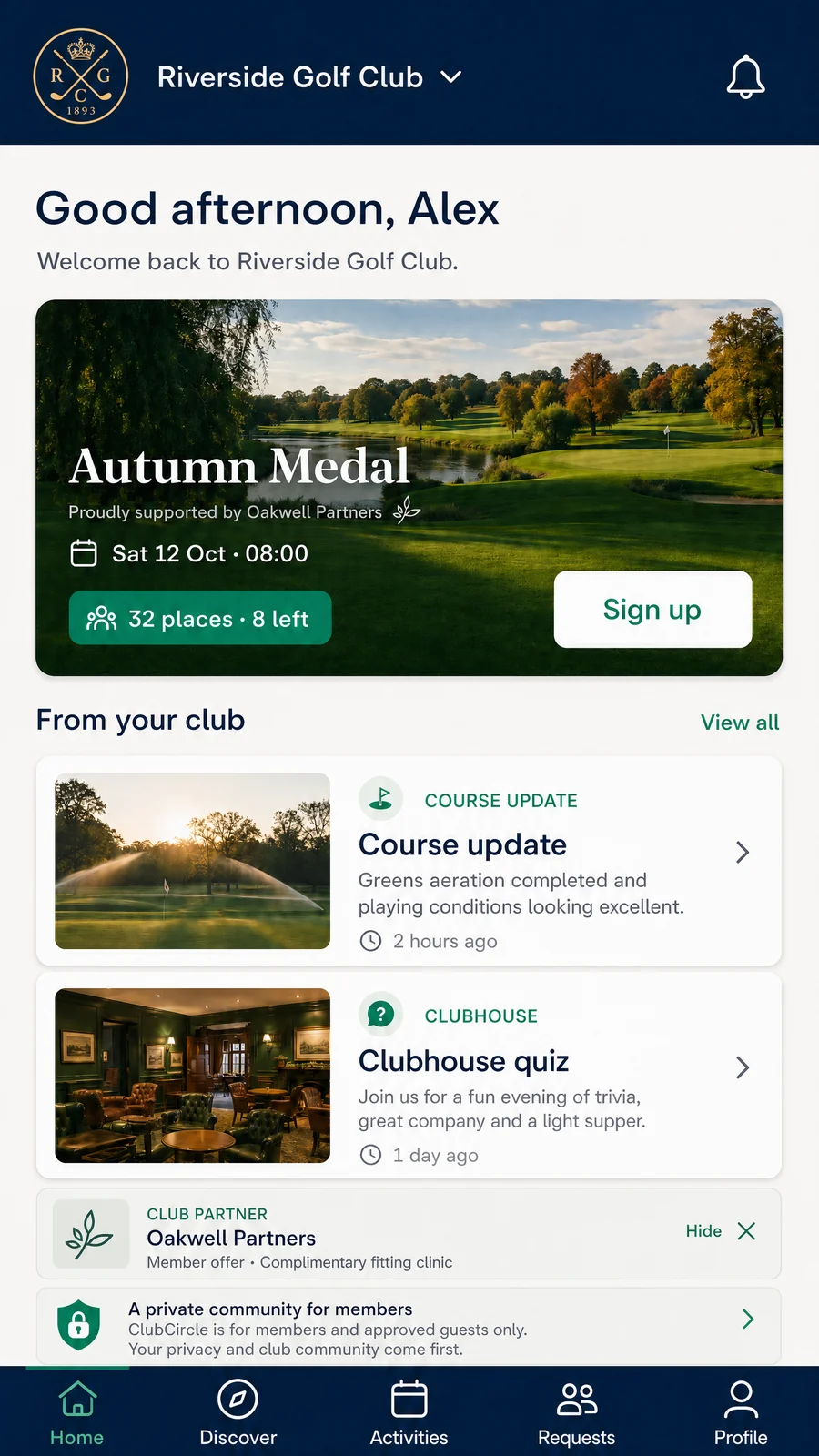 Riverside Golf Club member app showing a golf competition, course update and clubhouse quiz